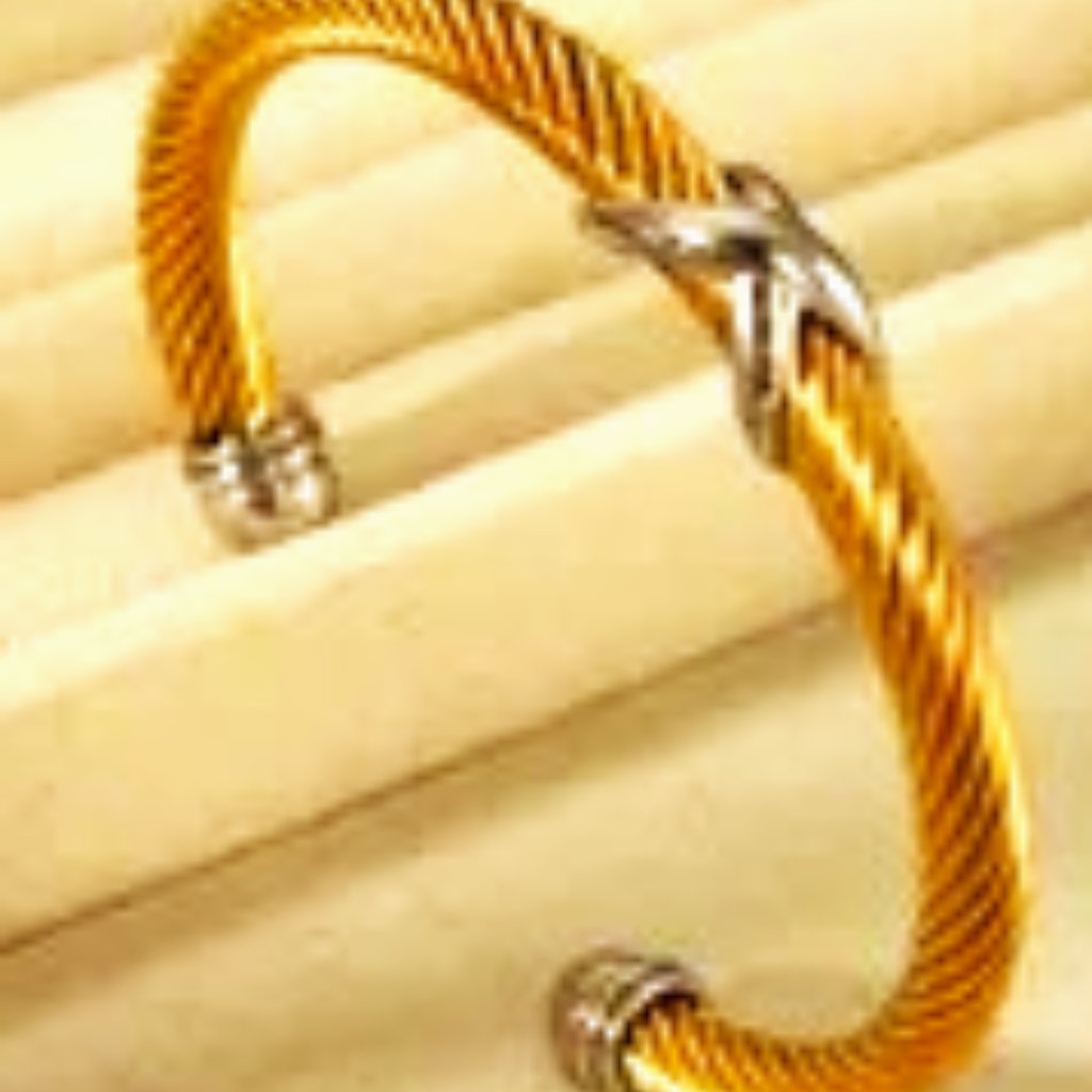 18k Gold Dip Twisted Rope Cuff Cris Cros Steel Detail Stainless Ends Malleable